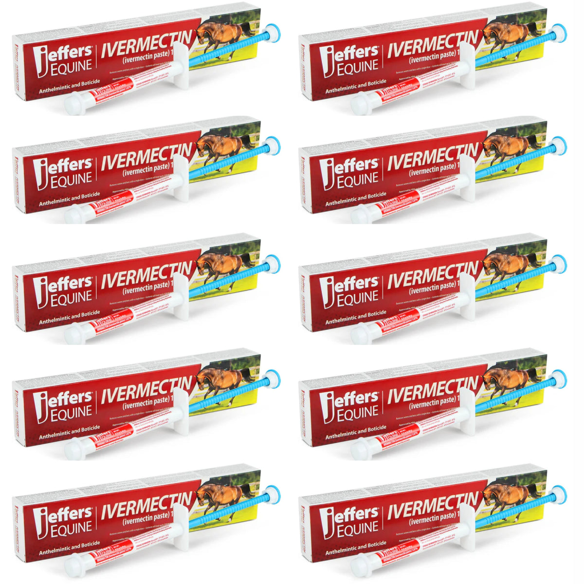 Jeffers Equine Ivermectin Gel Horse Dewormer Paste 1.87%, Broad Spectrum Equine Parasite Control Formula, Apple Flavored Oral Wormer for Horses, Easy Travel Use, Mess Free Syringe Tube - 10 Pack