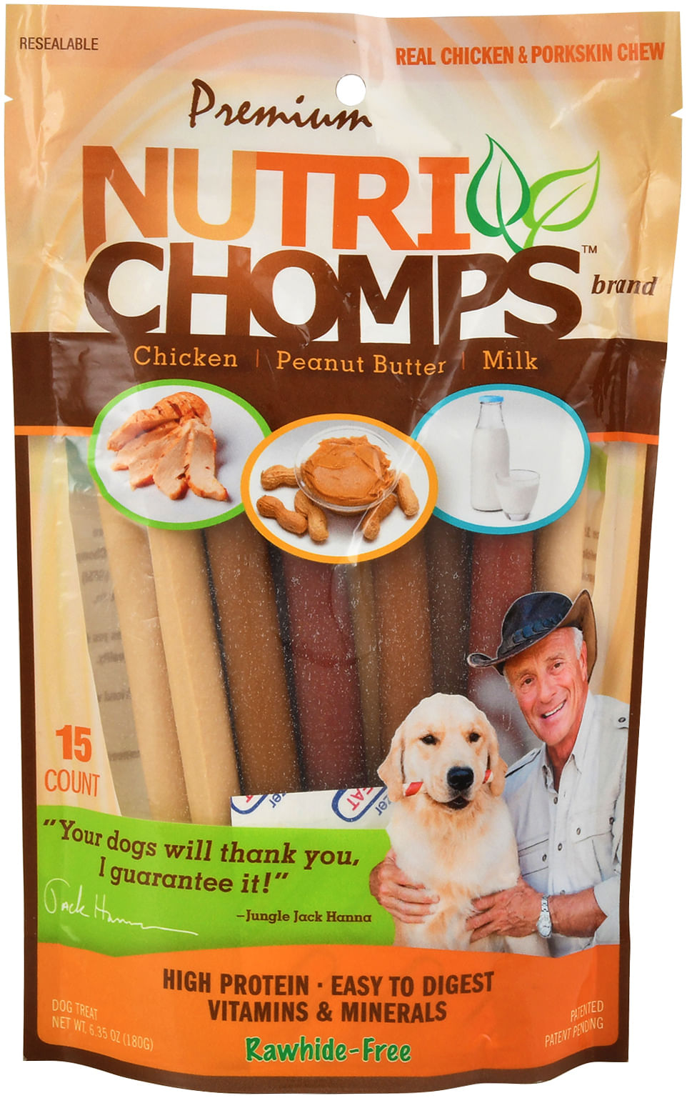 Nutri Chomps Dog Chews, 5-inch Twists, Easy to Digest, Rawhide-Free Dog Treats, 15 Count, Real Chicken, Peanut Butter and Milk flavors