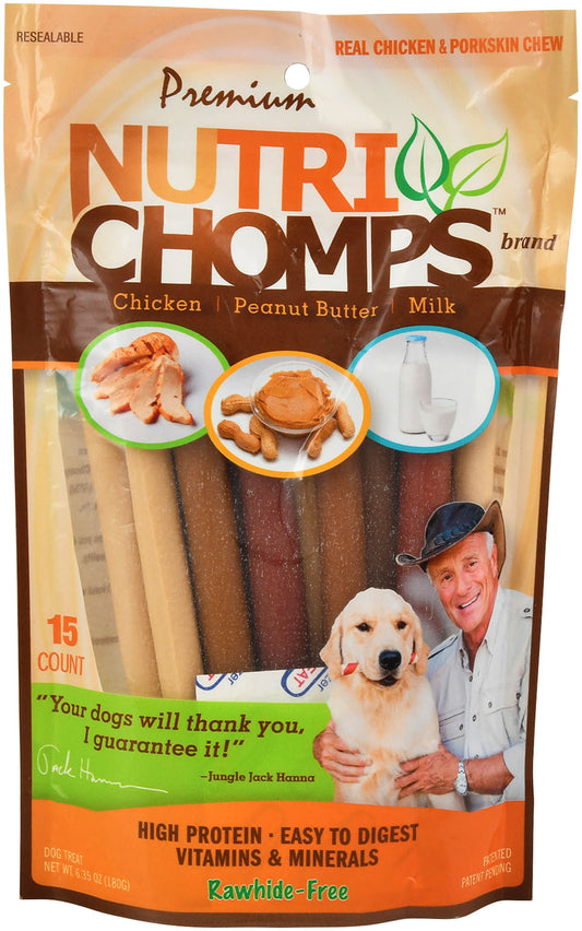 Nutri Chomps Golosinas masticables para perros, tiras de 12,7 cm (5 pulgadas), fáciles de digerir, sin cuero crudo, paquete de 15 unidades, sabores a pollo real, mantequilla de cacahuete y leche.