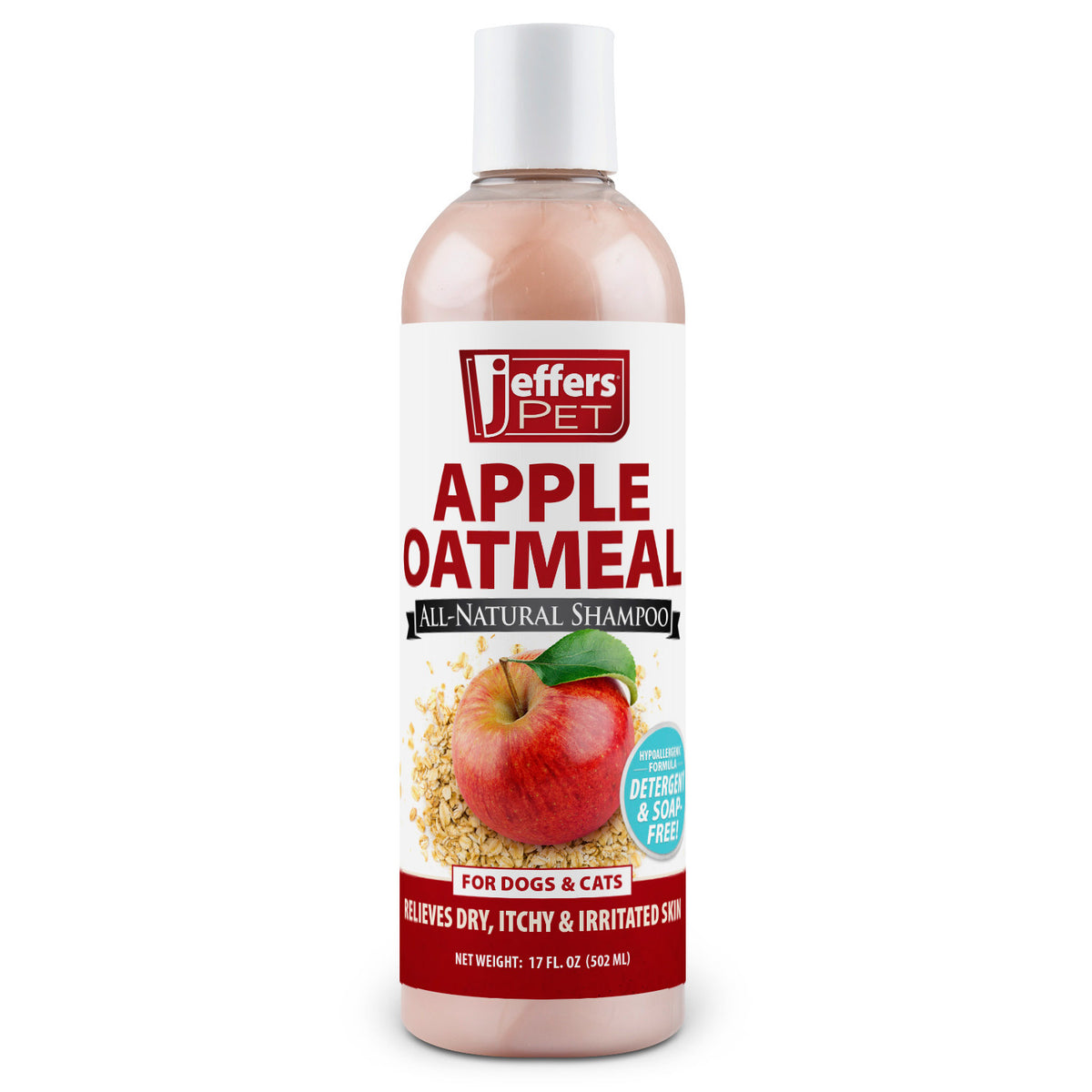 Jeffers Pet Apple Oatmeal Shampoo for Dogs & Cats, 17 oz - Gentle Coconut Based Formula w/ Colloidal Oat Protein, Soap Free, Deodorizing Apple Scent, Sensitive Skin, Puppies Kittens Grooming Care