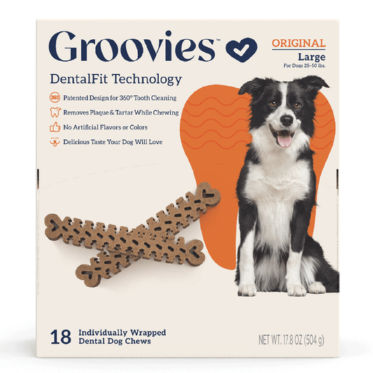GROOVIES مكافآت أسنان للكلاب، علبة كبيرة، 18 قطعة
