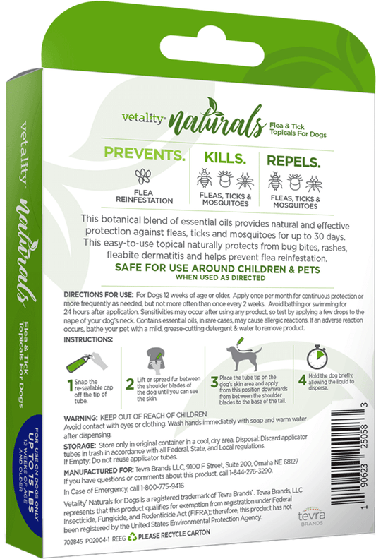 *TEVRA Vetality Naturals Flea & Tick Topical for Dogs up to 15 lbs 3pk