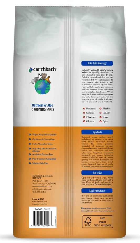 EARTHBATH Grooming Wipes Oatmeal & Aloe Vanilla & Almond 100ct