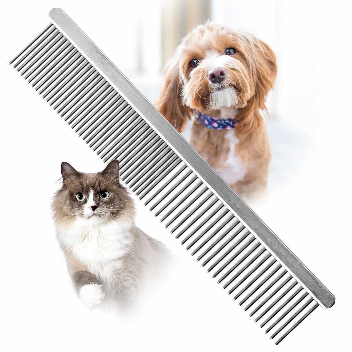 Jeffers Flat Back Pet Grooming Comb – Chrome Plated Steel Comb with Fine & Coarse Teeth for Dogs, Cats, Puppies – Detangling, Deshedding, Dematting Tool for Long or Short Hair - 7.5" L, 1" Teeth