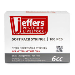 Jeffers Luer Slip Syringes, Box of 100, Plastic Veterinary Syringes w/ Reinforced Tip for Dogs, Cats, Horses, Livestock, & Poultry, Large Finger Grips, Rubber Plunger, Autoclavable, No Needles - 6mL