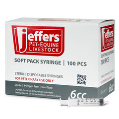 Jeffers Luer Slip Syringes, Box of 100, Plastic Veterinary Syringes w/ Reinforced Tip for Dogs, Cats, Horses, Livestock, & Poultry, Large Finger Grips, Rubber Plunger, Autoclavable, No Needles - 6mL
