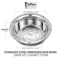 Jeffers Pet Stainless Steel Embossed Wide Lip Pet Bowls for Dog & Cat – Rust Resistant, Non Tip Rubber Base, Durable Food & Water Bowls, Dishwasher Safe, Odor Free, Home Travel Camping  - 5 Quart
